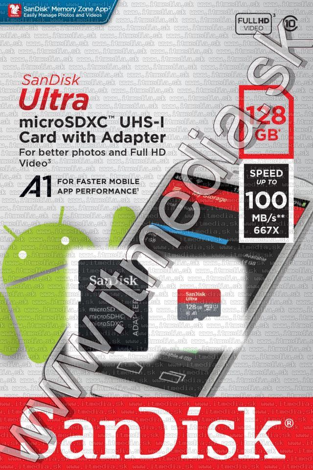 Sandisk microSD-XC kártya 128GB UHS-I U1 A1 *Mobile Ultra Androidhoz* 100MB/s + adapter (IT13596) Image of Sandisk microSD-XC kártya 128GB UHS-I U1 A1 *Mobile Ultra Androidhoz* 100MB/s + adapter (IT13596)