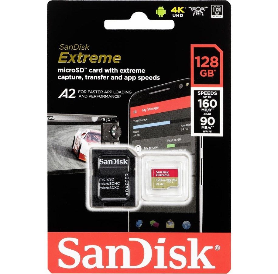 Image of Sandisk Extreme microSD-XC kamera kártya 128GB UHS-I U3 V30 A2 [190R90W] +adapter (IT14624)
