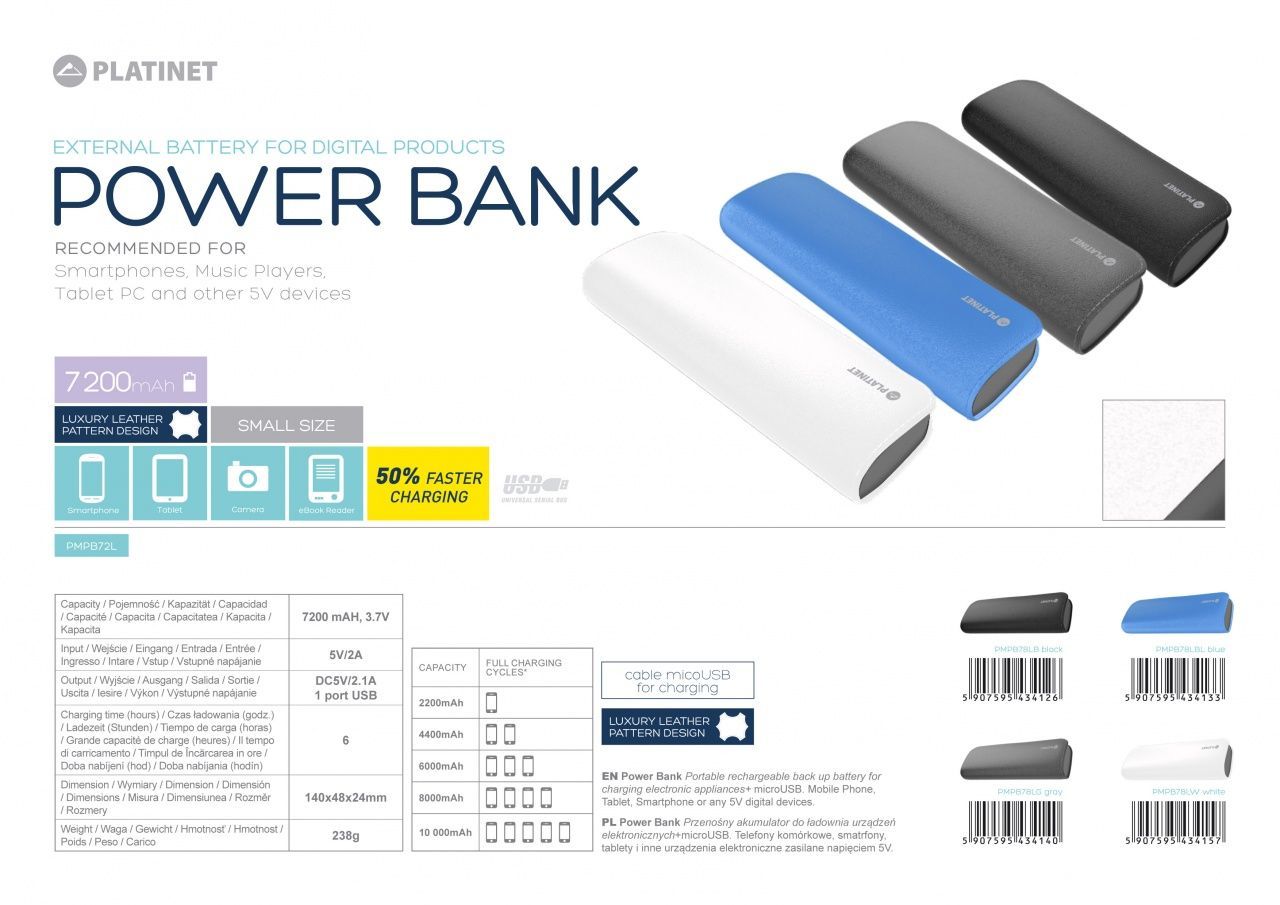 Image of Platinet Powerbank 7200mAh Fekete-Szürke (43412) Bőr (IT12811)