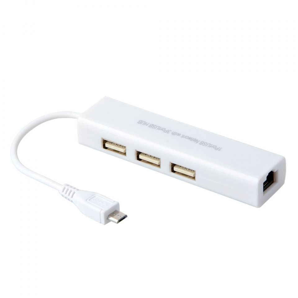 Image of microUSB 10/100 MBit Ethernet (LAN) adapter + 3-port USB HUB for Tablet (IT14075)